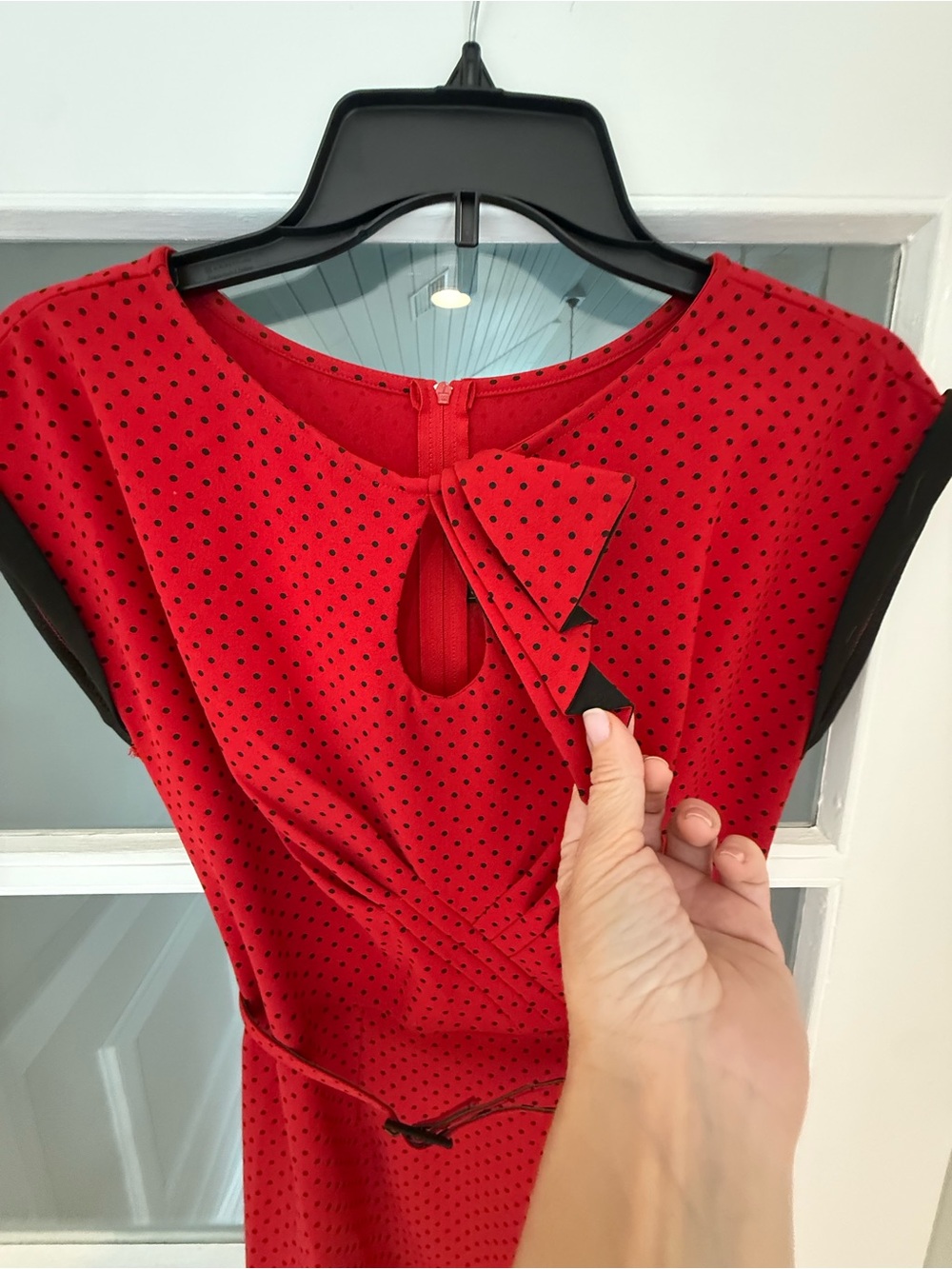Stop Staring! Red Black Polka Dot Pinup Wiggle Pencil Dress Belted Sz Small - Picture 2 of 10